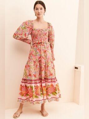 Farm Rio pink red Macaw flight smocked midi dress